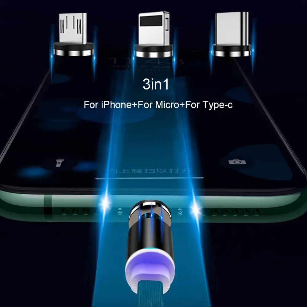 3 in 1 USB Cable Type C Magnetic Charger Micro USB Lightning Fast Charging Line Portable Cable