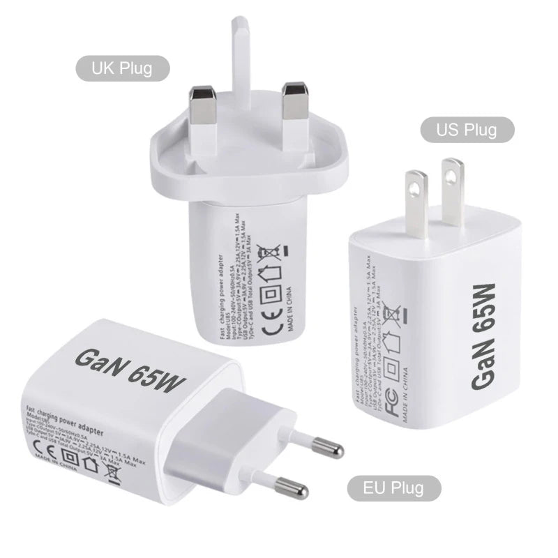 TYPE-C Fast Charger 65W GaN Wall Plug QC3.0 PD Phone Charger Dual-Ports Charging Stand EU/AU/UK/US Mobile Adapter