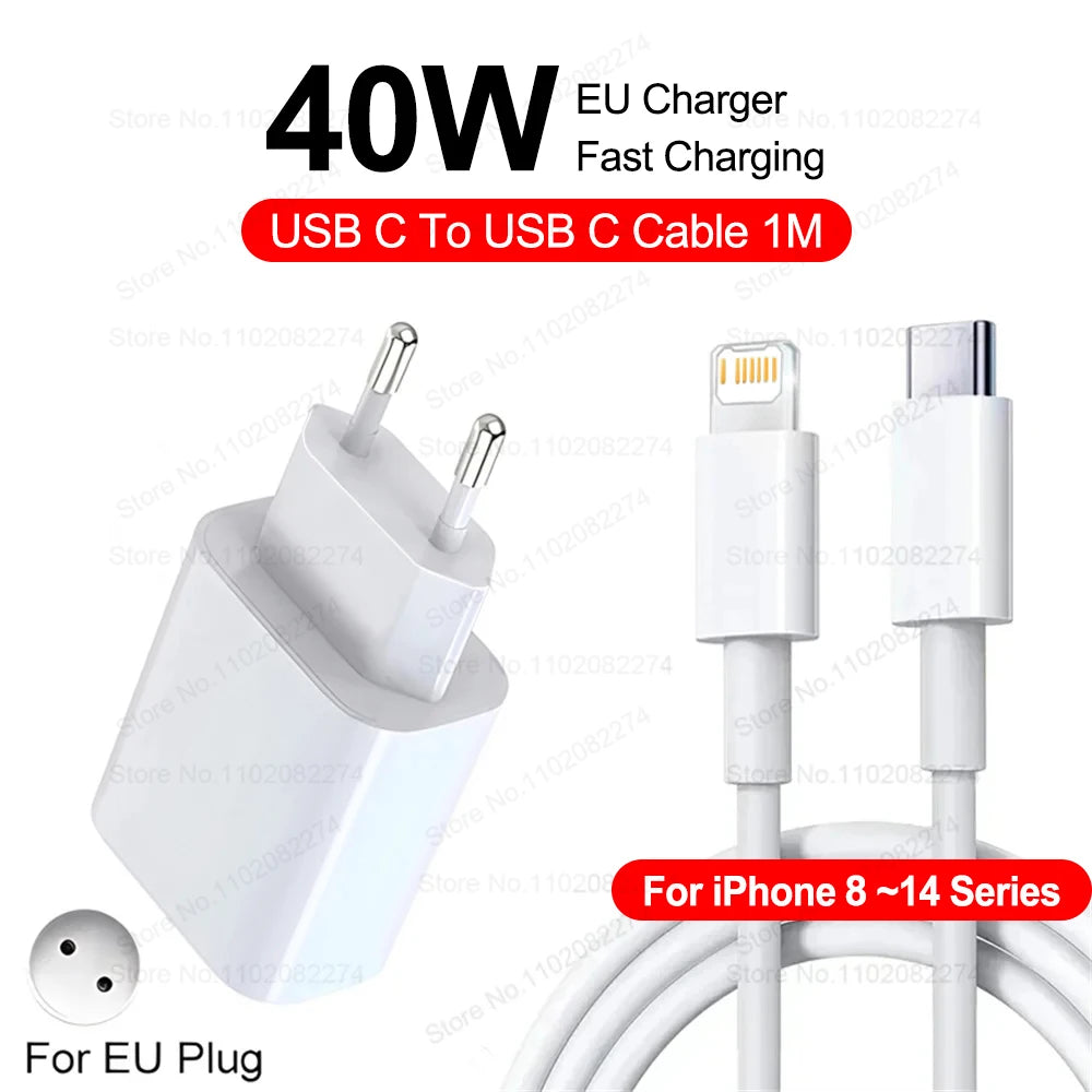 40W Fast Charger For iPhone 16 15 14 13 12 11 Pro Max USB-C Charger X XS XR 7 8 Plus USB Type C Cable Quick Charging Accessories