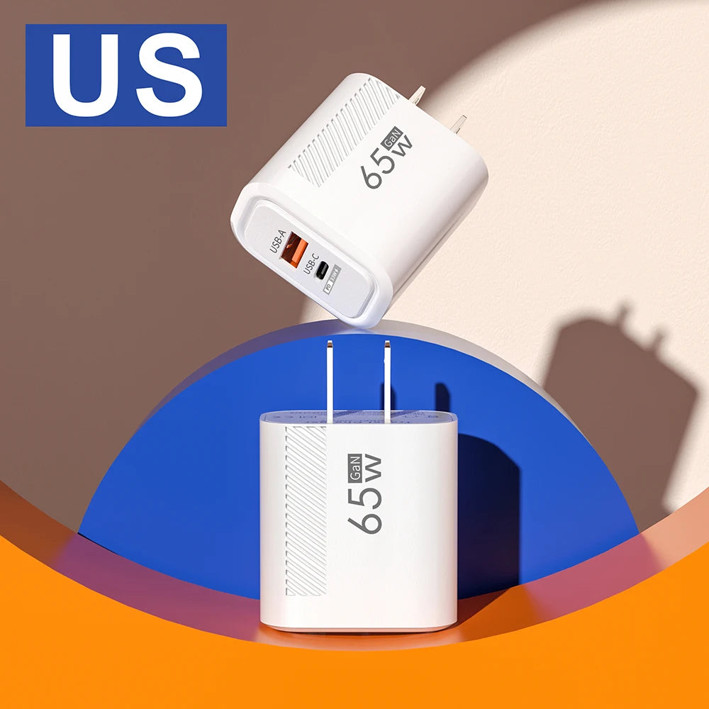 65W GAN 2 Ports Charger USB Type C PD Quick Charge 3.0 Mobile Phone Wall Adapter for iPhone 15 Pro max Huawei Xiaomi EU/US Plug