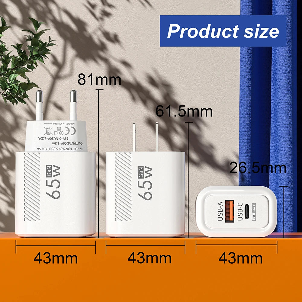 65W GAN 2 Ports Charger USB Type C PD Quick Charge 3.0 Mobile Phone Wall Adapter for iPhone 15 Pro max Huawei Xiaomi EU/US Plug