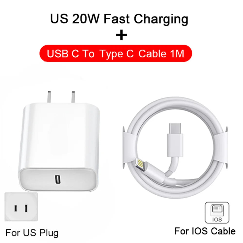 20W Fast Charger For iPhone 13 mini 12 11 pro 14 Pro Max Plus X XR XS USB Type C Fast Charging Charger Cable Accessories