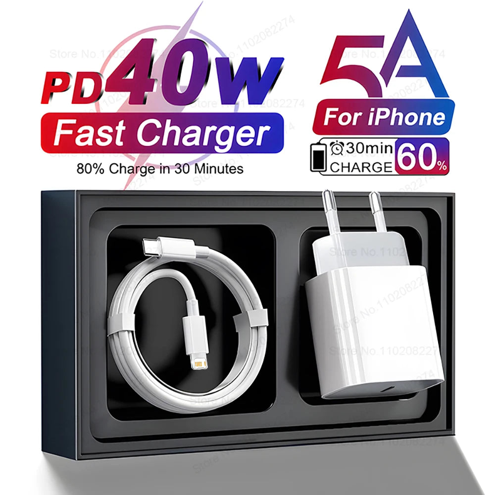 40W Fast Charger For iPhone 16 15 14 13 12 11 Pro Max USB-C Charger X XS XR 7 8 Plus USB Type C Cable Quick Charging Accessories