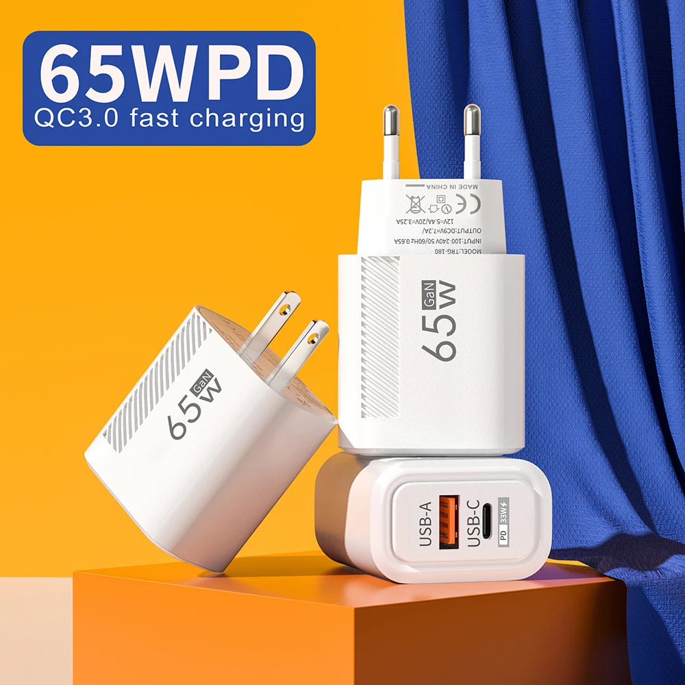 65W GAN 2 Ports Charger USB Type C PD Quick Charge 3.0 Mobile Phone Wall Adapter for iPhone 15 Pro max Huawei Xiaomi EU/US Plug