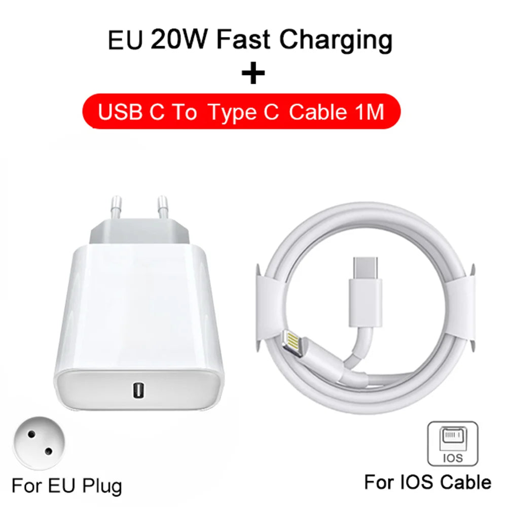 20W Fast Charger For iPhone 13 mini 12 11 pro 14 Pro Max Plus X XR XS USB Type C Fast Charging Charger Cable Accessories