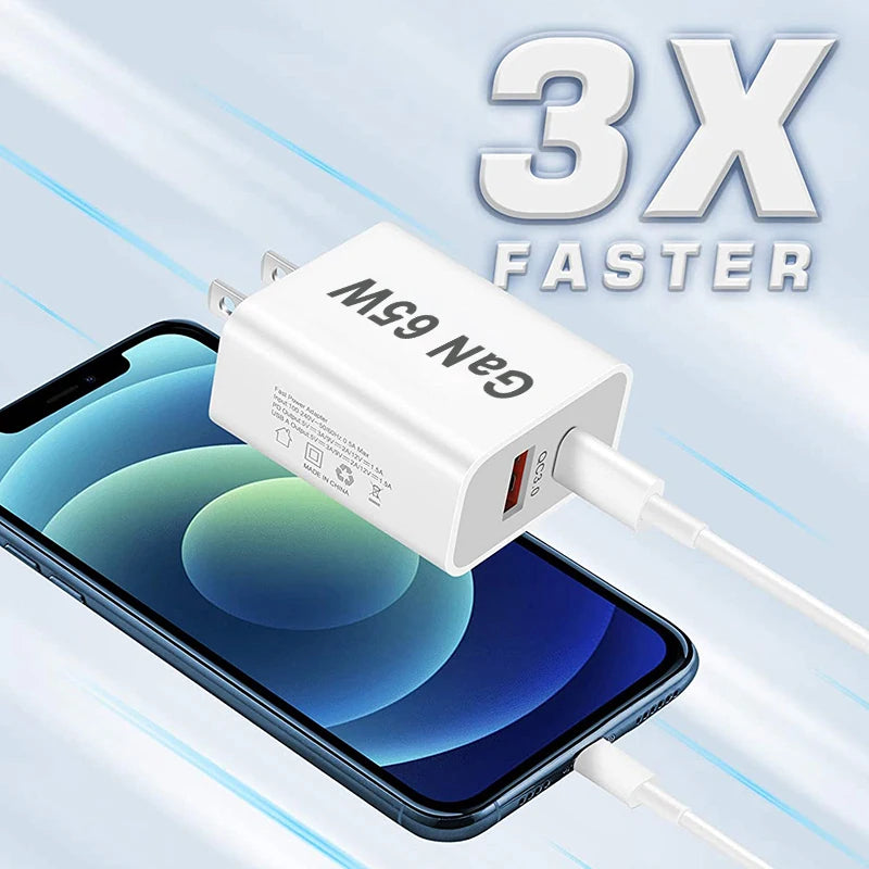 TYPE-C Fast Charger 65W GaN Wall Plug QC3.0 PD Phone Charger Dual-Ports Charging Stand EU/AU/UK/US Mobile Adapter
