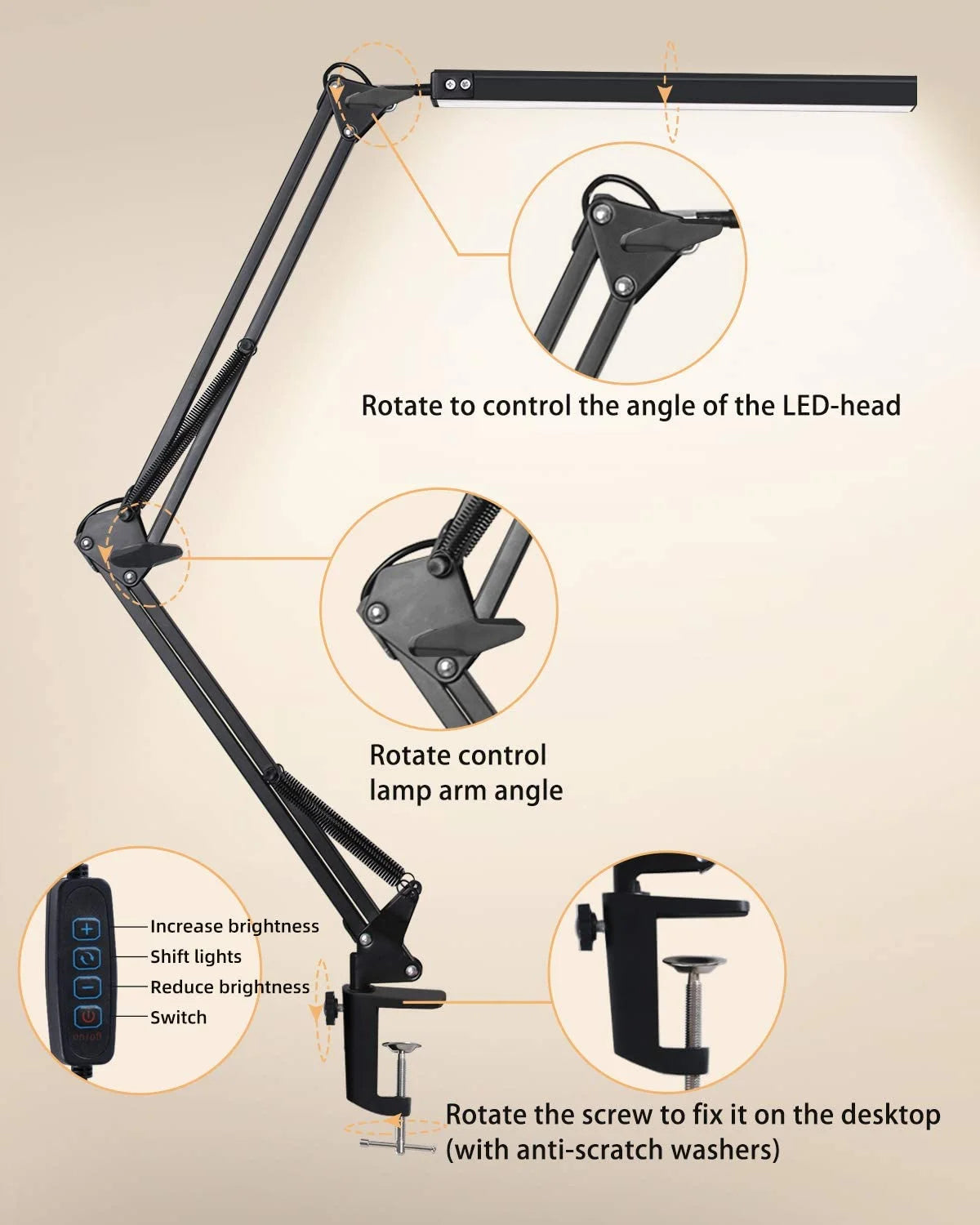 LED Desk Lamp with Clamp,Eye-Caring Table Lamps,Dimmable Office Lamp with USB Charging Port,3 Lighting Modes with 10 Brightness