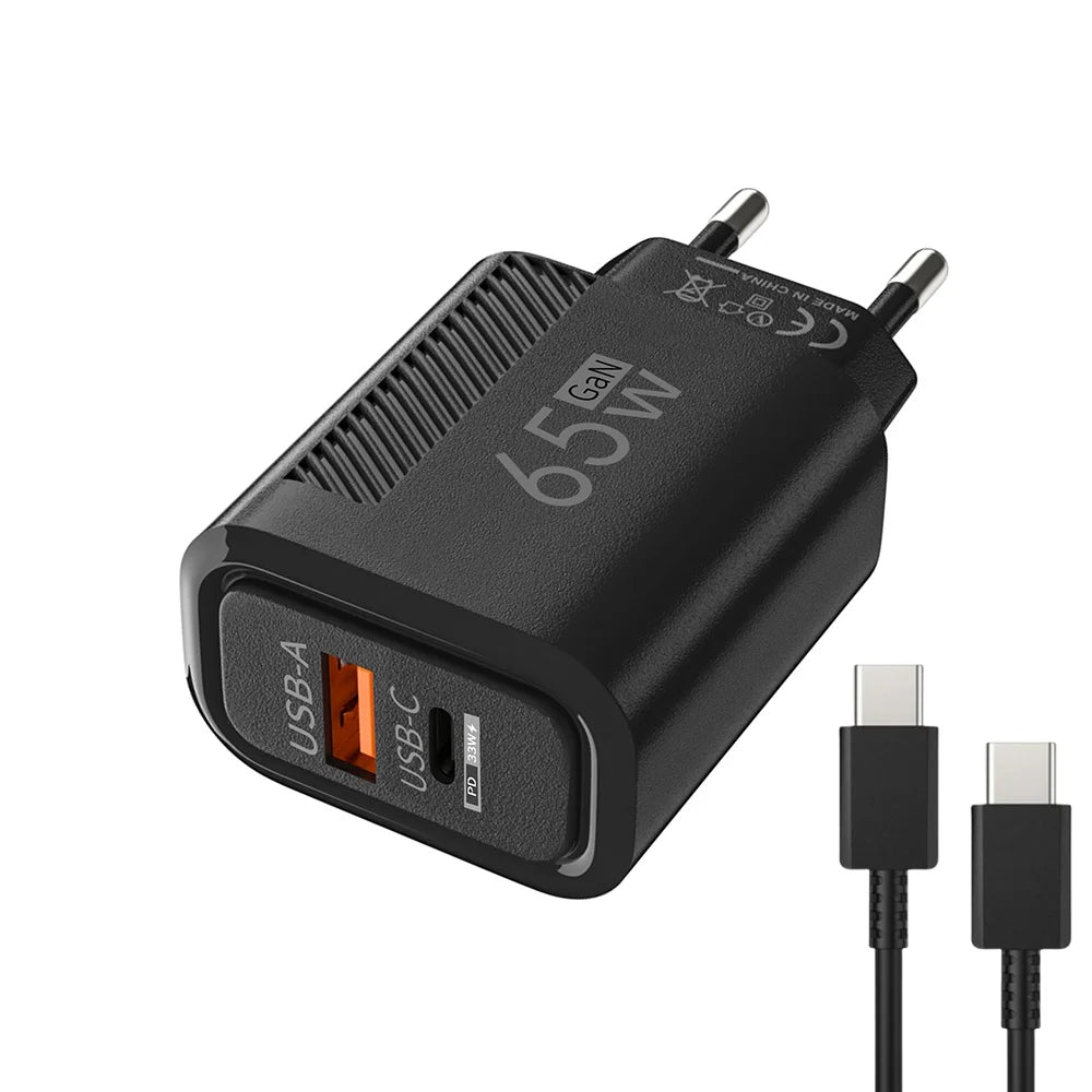 65W GAN 2 Ports Charger USB Type C PD Quick Charge 3.0 Mobile Phone Wall Adapter for iPhone 15 Pro max Huawei Xiaomi EU/US Plug