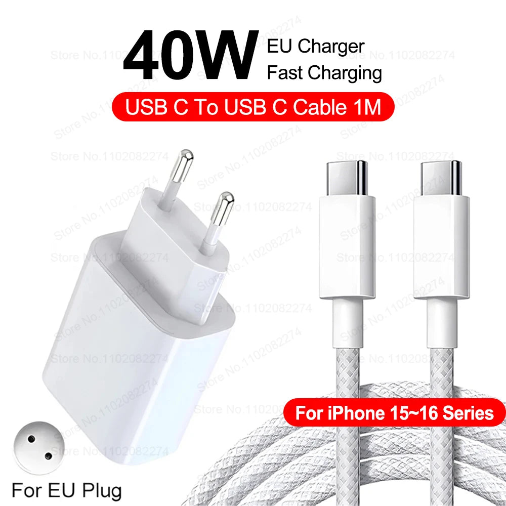 40W Fast Charger For iPhone 16 15 14 13 12 11 Pro Max USB-C Charger X XS XR 7 8 Plus USB Type C Cable Quick Charging Accessories