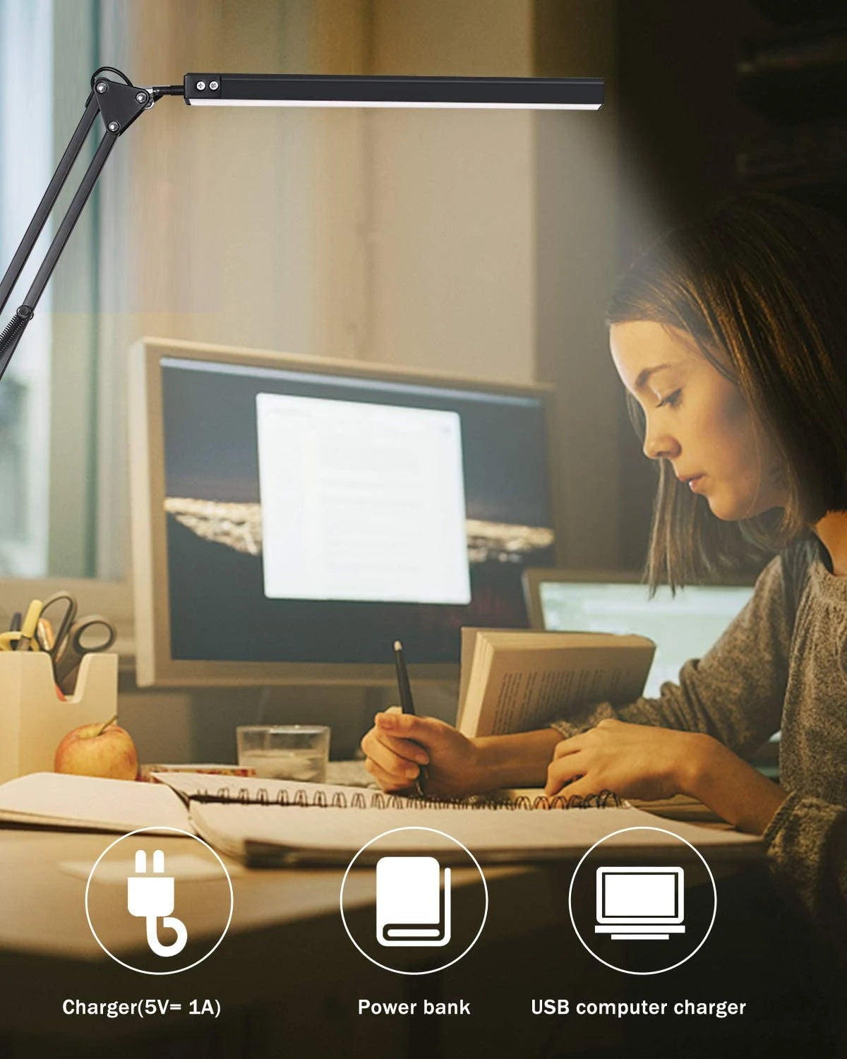 LED Desk Lamp with Clamp,Eye-Caring Table Lamps,Dimmable Office Lamp with USB Charging Port,3 Lighting Modes with 10 Brightness