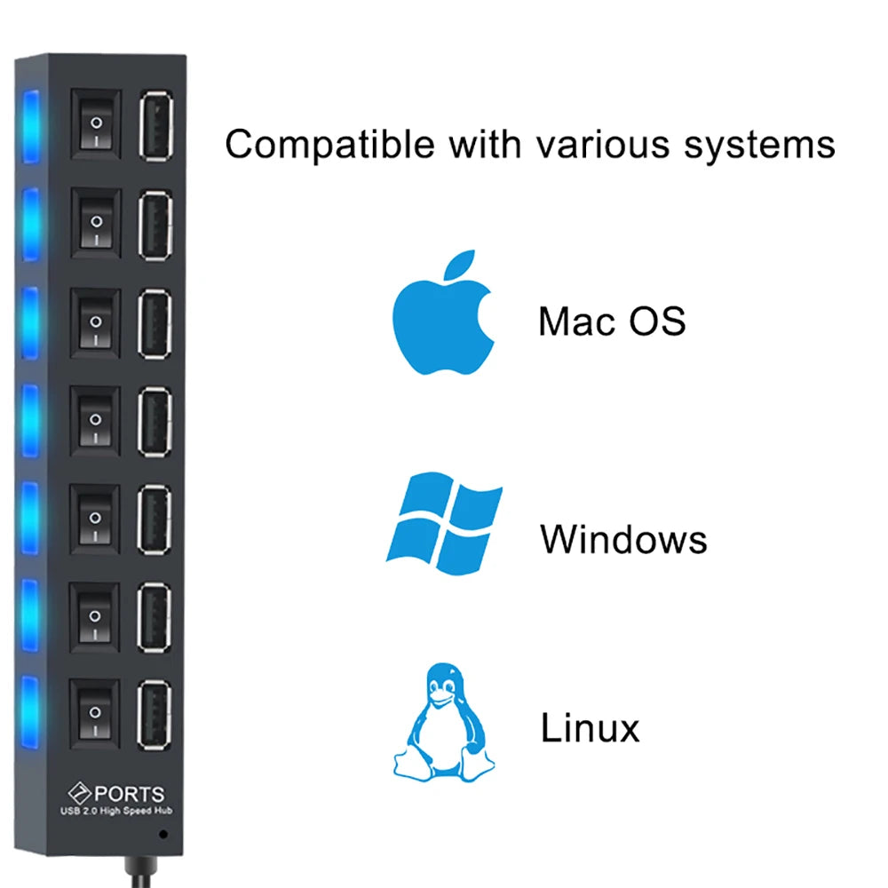 USB Hub USB Hub 2.0 Multi USB Splitter Hub USB Adapter USB Hub 7 Port Multiple Expander 2.0 USB Hub USB Port with Switch for PC