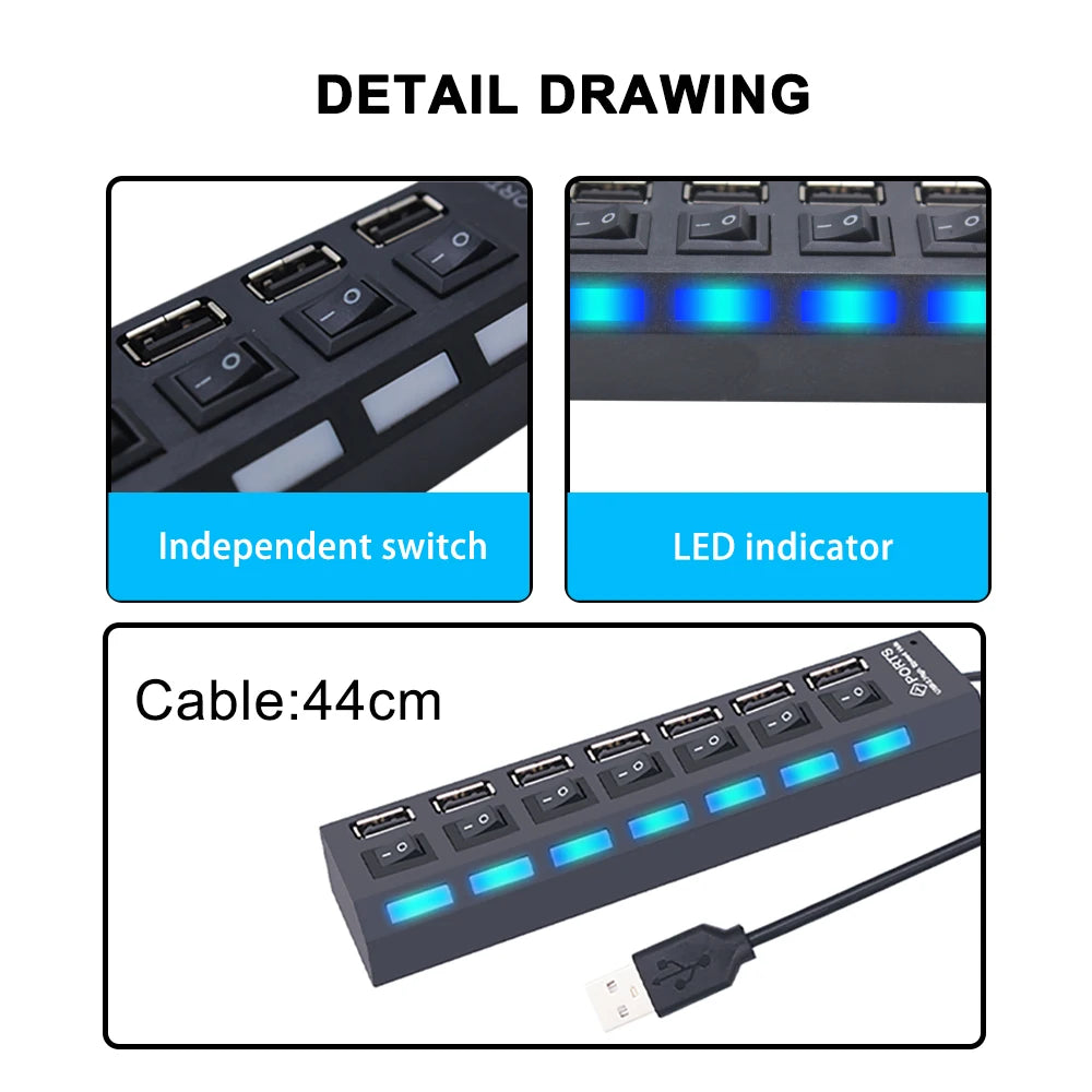 USB Hub USB Hub 2.0 Multi USB Splitter Hub USB Adapter USB Hub 7 Port Multiple Expander 2.0 USB Hub USB Port with Switch for PC