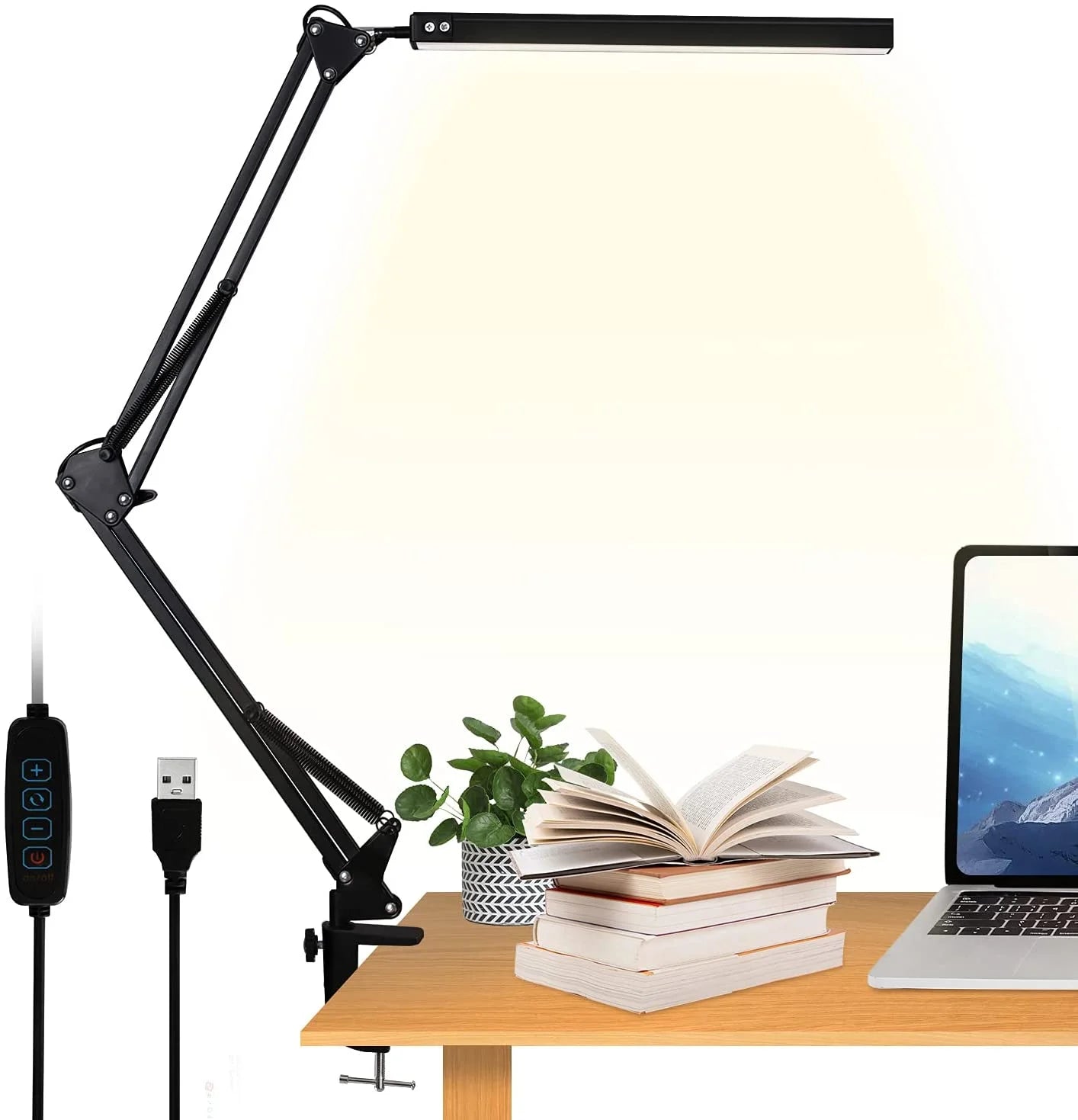 LED Desk Lamp with Clamp,Eye-Caring Table Lamps,Dimmable Office Lamp with USB Charging Port,3 Lighting Modes with 10 Brightness