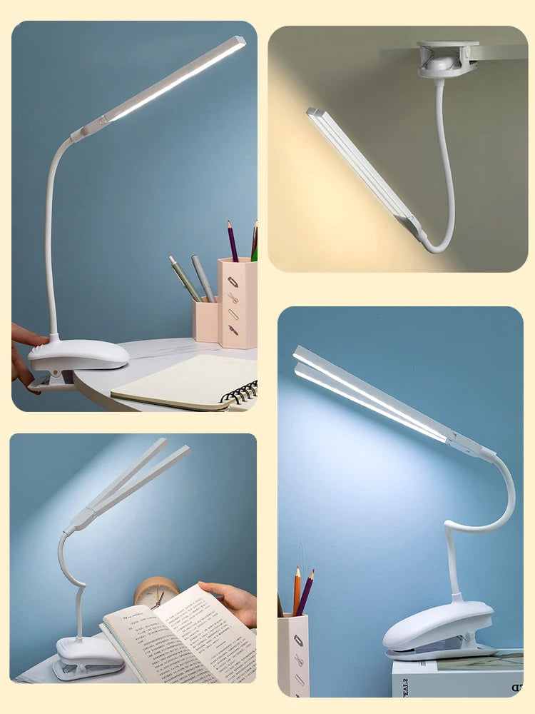 LED Double-headed Reading Table Lamp with Clip Touch Control Dimmable Light Eye Protection for Bedroom Dormitory Study Office