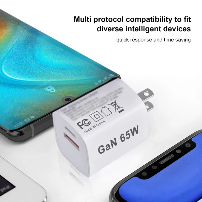 TYPE-C Fast Charger 65W GaN Wall Plug QC3.0 PD Phone Charger Dual-Ports Charging Stand EU/AU/UK/US Mobile Adapter