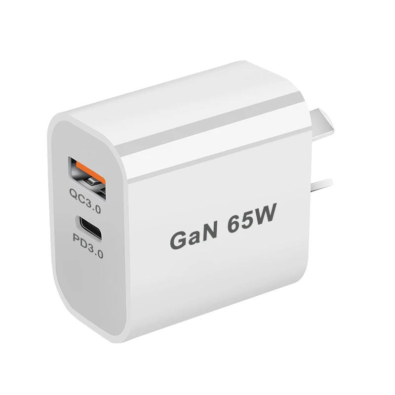 TYPE-C Fast Charger 65W GaN Wall Plug QC3.0 PD Phone Charger Dual-Ports Charging Stand EU/AU/UK/US Mobile Adapter