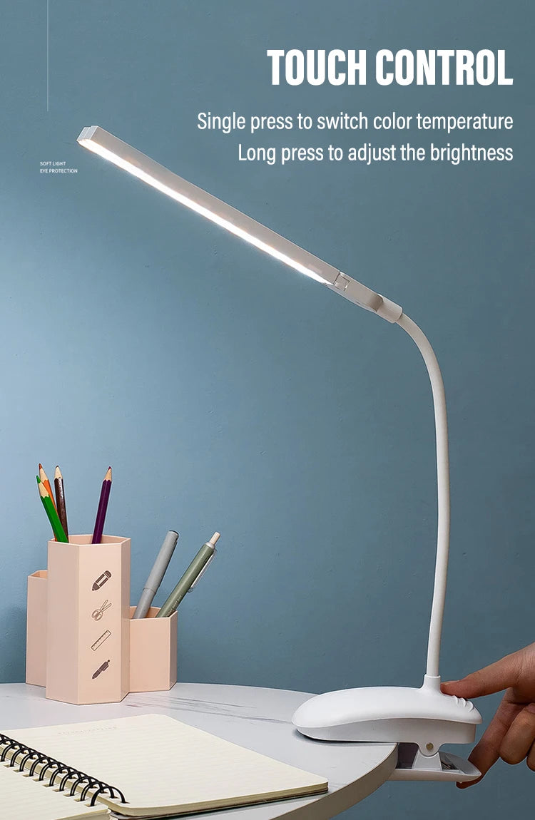 LED Double-headed Reading Table Lamp with Clip Touch Control Dimmable Light Eye Protection for Bedroom Dormitory Study Office