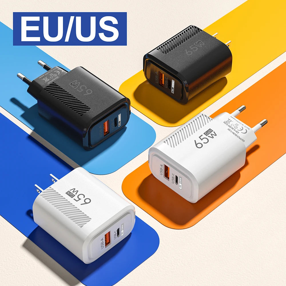 65W GAN 2 Ports Charger USB Type C PD Quick Charge 3.0 Mobile Phone Wall Adapter for iPhone 15 Pro max Huawei Xiaomi EU/US Plug