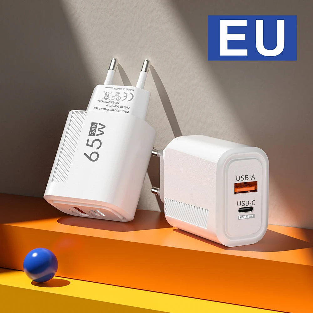 65W GAN 2 Ports Charger USB Type C PD Quick Charge 3.0 Mobile Phone Wall Adapter for iPhone 15 Pro max Huawei Xiaomi EU/US Plug