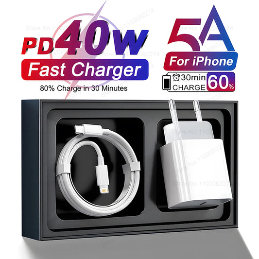 40W Fast Charger For iPhone 16 15 14 13 12 11 Pro Max USB-C Charger X XS XR 7 8 Plus USB Type C Cable Quick Charging Accessories