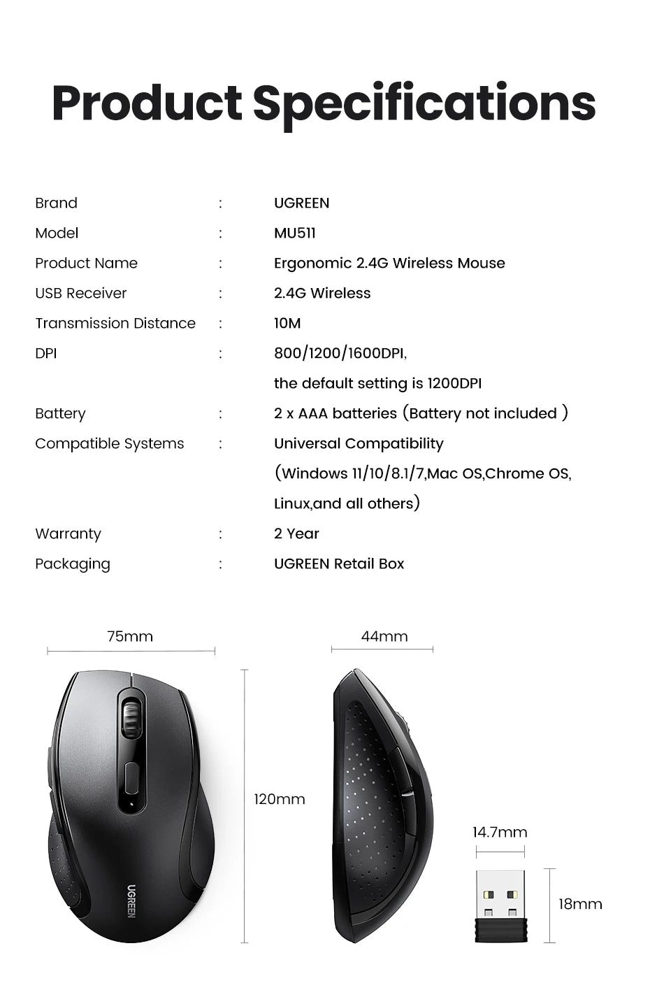 【NEW】UGREEN Wireless Mouse for Computer 1600DPI Silent Mouse with 2.4GHz USB Receiver for PC MacBook Tablet Laptop