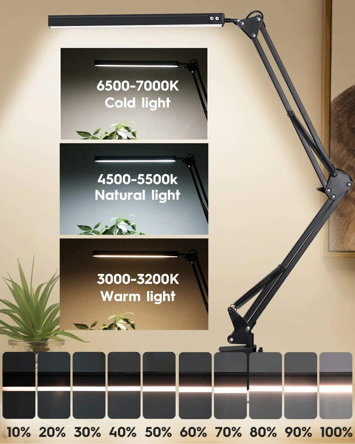 LED Desk Lamp with Clamp,Eye-Caring Table Lamps,Dimmable Office Lamp with USB Charging Port,3 Lighting Modes with 10 Brightness