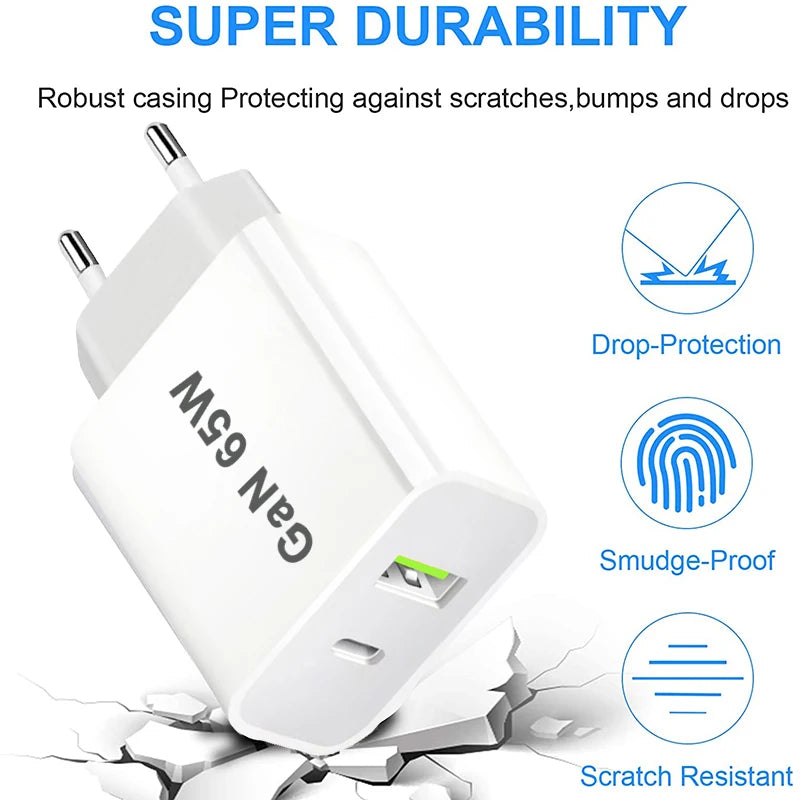 TYPE-C Fast Charger 65W GaN Wall Plug QC3.0 PD Phone Charger Dual-Ports Charging Stand EU/AU/UK/US Mobile Adapter