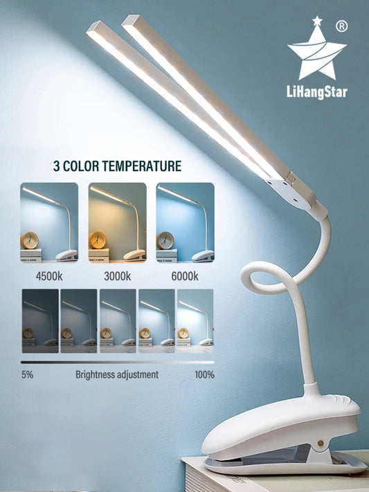 LED Double-headed Reading Table Lamp with Clip Touch Control Dimmable Light Eye Protection for Bedroom Dormitory Study Office