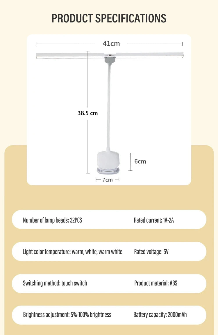 LED Double-headed Reading Table Lamp with Clip Touch Control Dimmable Light Eye Protection for Bedroom Dormitory Study Office
