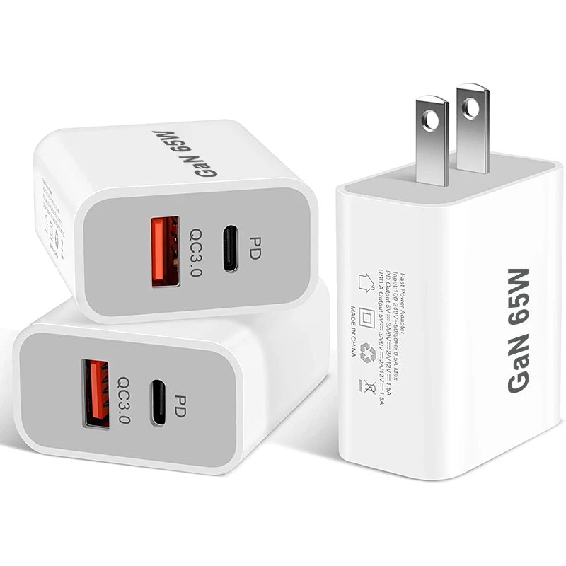 TYPE-C Fast Charger 65W GaN Wall Plug QC3.0 PD Phone Charger Dual-Ports Charging Stand EU/AU/UK/US Mobile Adapter