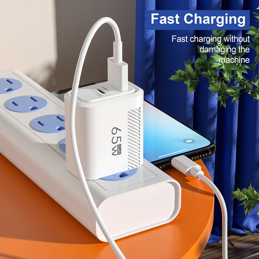 65W GAN 2 Ports Charger USB Type C PD Quick Charge 3.0 Mobile Phone Wall Adapter for iPhone 15 Pro max Huawei Xiaomi EU/US Plug