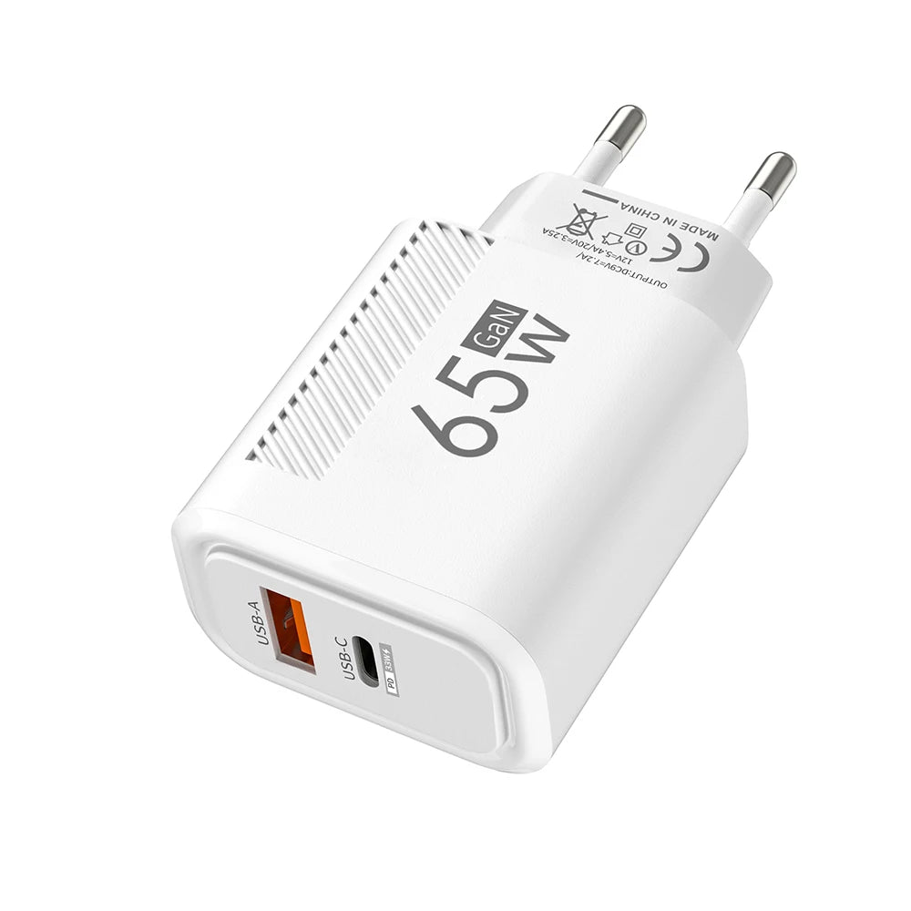 65W GAN 2 Ports Charger USB Type C PD Quick Charge 3.0 Mobile Phone Wall Adapter for iPhone 15 Pro max Huawei Xiaomi EU/US Plug