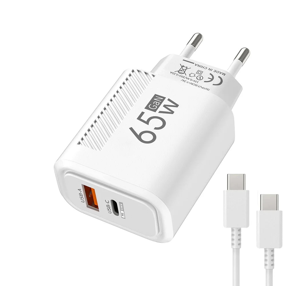 65W GAN 2 Ports Charger USB Type C PD Quick Charge 3.0 Mobile Phone Wall Adapter for iPhone 15 Pro max Huawei Xiaomi EU/US Plug